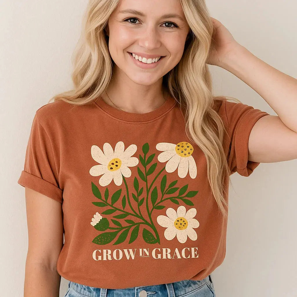 Grow in Grace T-shirt, Floral Tee, Inspirational Top Sapphire Apollo