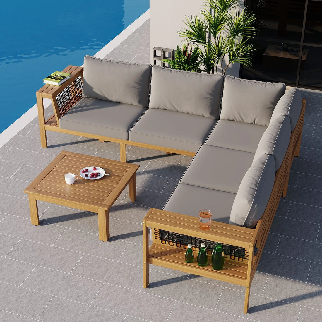 4 Pieces Outdoor Acacia Wood Sofa Set, Woven Mesh Armrests, L-Shaped Sangria Beech