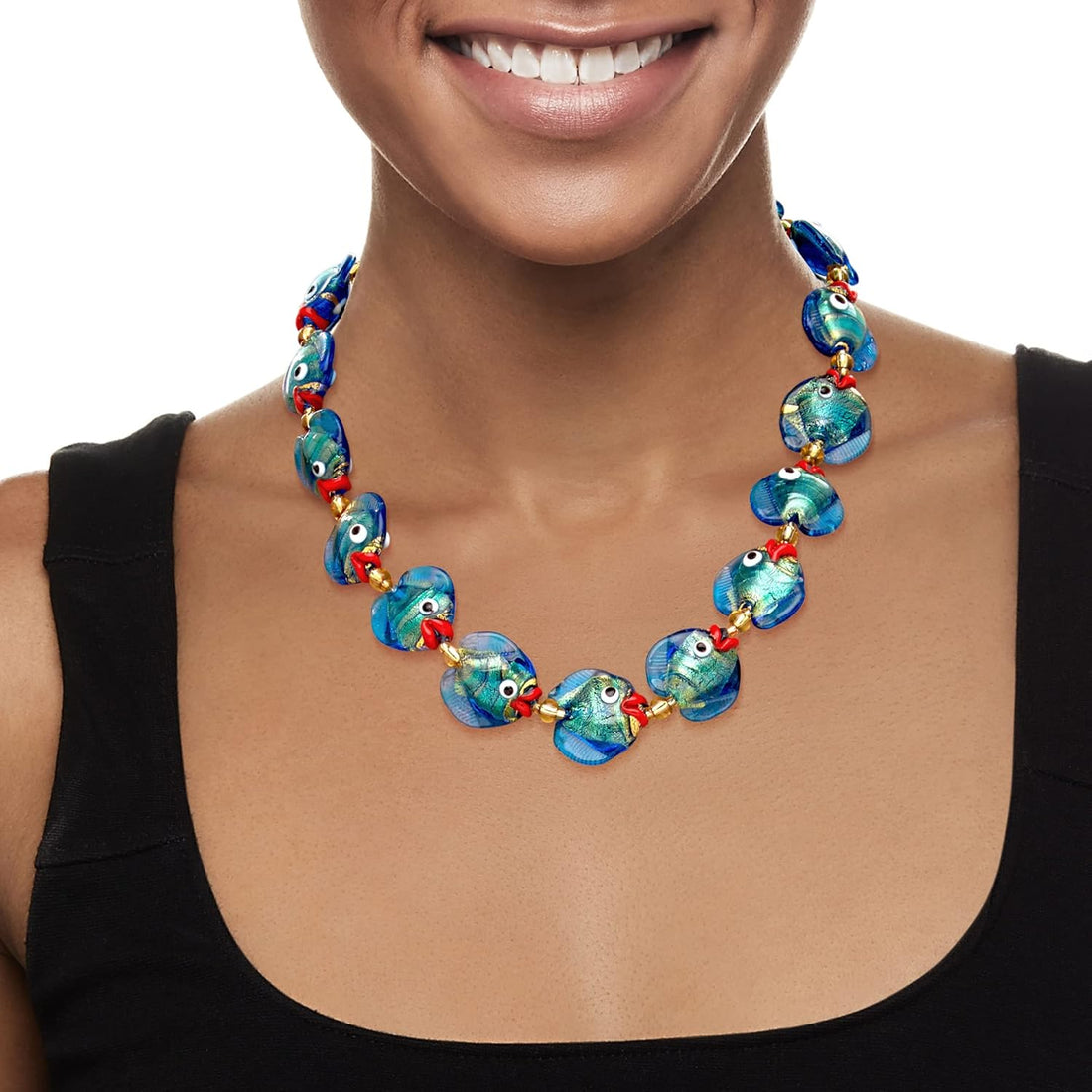 Italian Multicolored Murano Glass Fish Necklace with 18Kt Gold over Sterling. 18 Inches