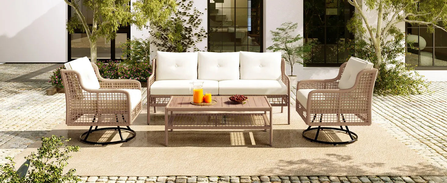 4 Pieces Patio Furniture Set with Swivel Chairs, Outdoor Wicker Sofas Sangria Beech