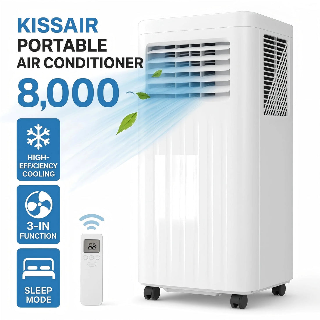 Portable Air Conditioner 8000 BTU Ashrae, 3-In-1 Portable AC, Dehumidifier &amp; Fan with 24-Hour Timer/Remote Control/Windows Kit (White)