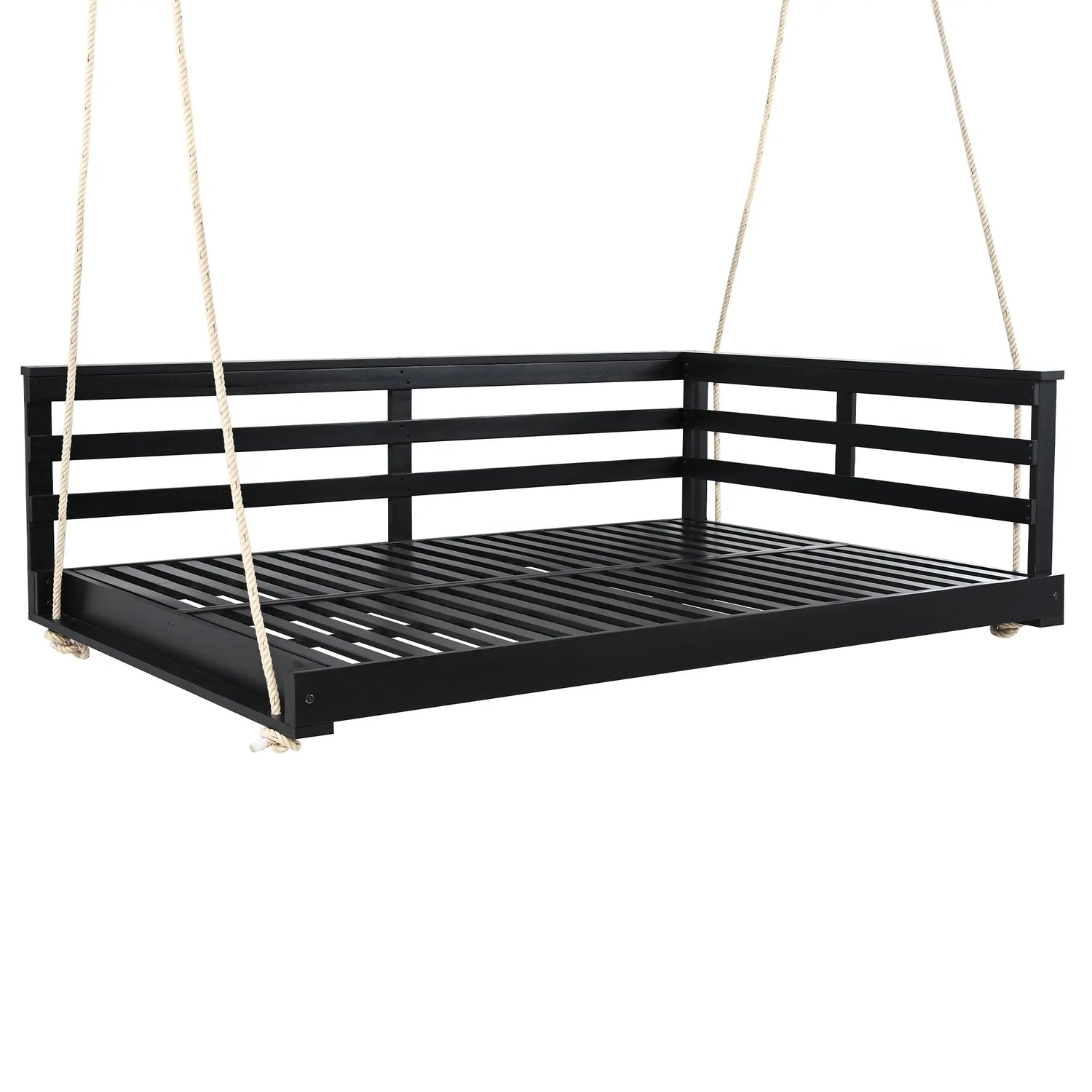 Acacia Wood Porch Swing Bed for Outdoor with Hemp Ropes - Full Size Sangria Beech