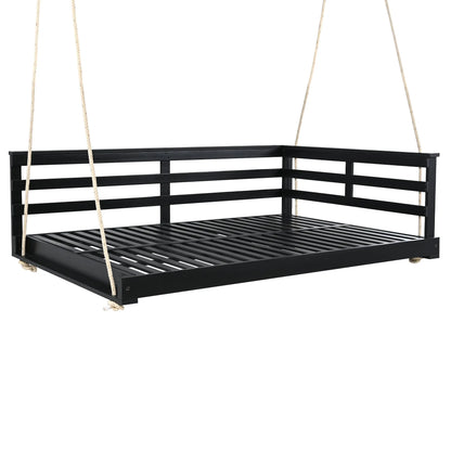 Acacia Wood Porch Swing Bed for Outdoor with Hemp Ropes - Full Size Sangria Beech