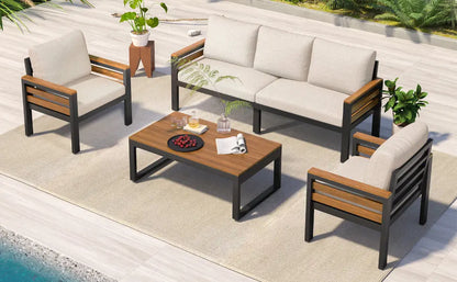 4-Piece Outdoor Furniture Sofa Set for 5 People with Acacia Wood Sangria Beech