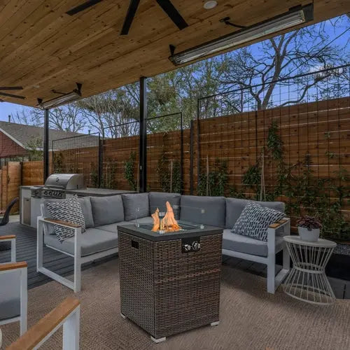 FlameHaven™ – Wicker Propane Fire Pit Column with Glass Wind Guard US Carmine Juneberry