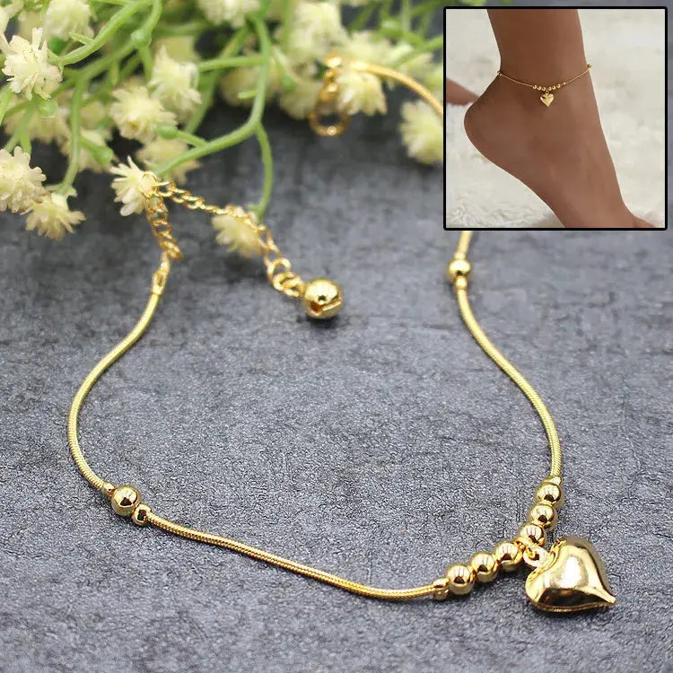 Gothic Gold Color Heart Pendant Anklet For Women Ball Beaded Anklet Crimson Medea