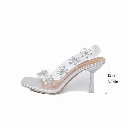 New Sandals For Women Summer Transparent PVC Rhinestone Flowers Crimson Medea