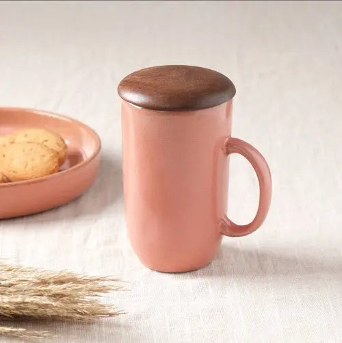 Ceramic Peach Coffee Mug With Wooden Lid Pink Lucy