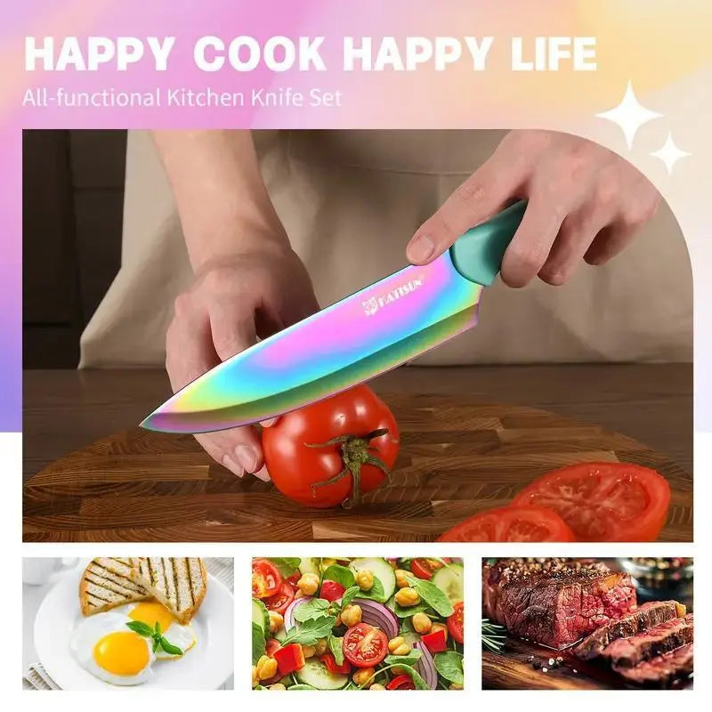 Beautiful Rainbow Titanium Coated Kitchen Knife Set Crimson Medea