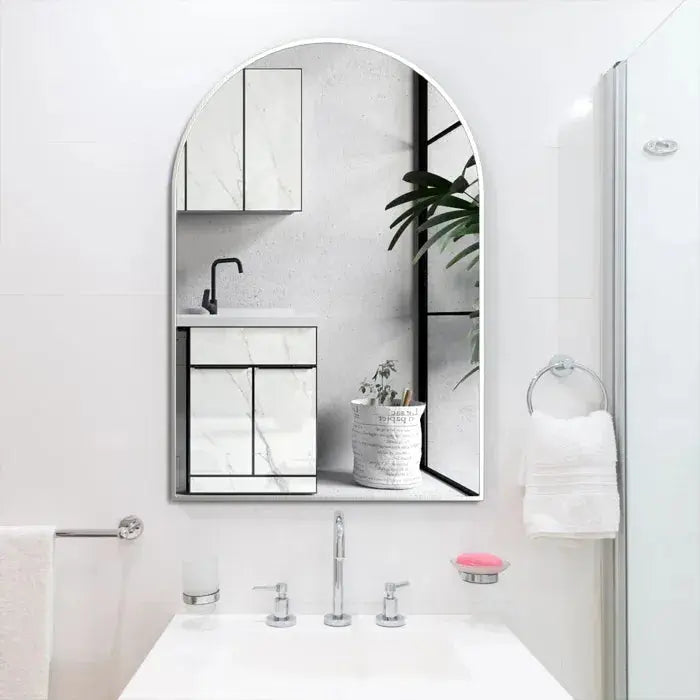 20x30 Inch Silver Metal Framed Arched Bathrrom Mirror for Wall. Sangria Beech