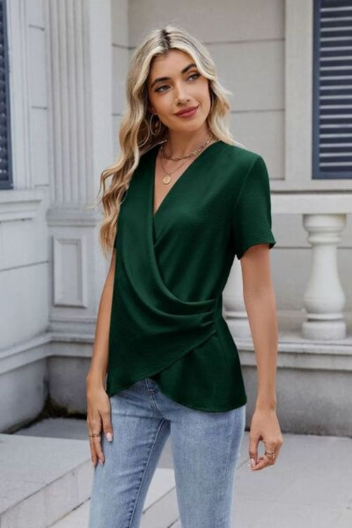Out of State - Solid Color Surplice Short Sleeve Blouse Jade Icarus