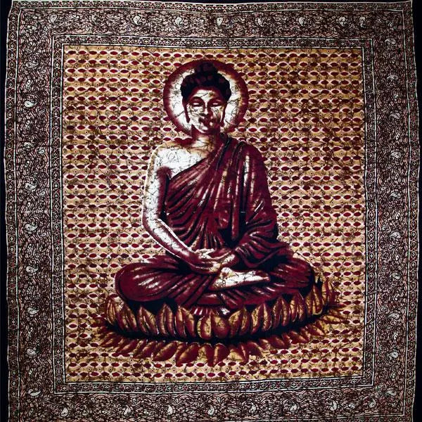 Brown Buddha In Meditation Batik Style Tapestry Silver Hestia
