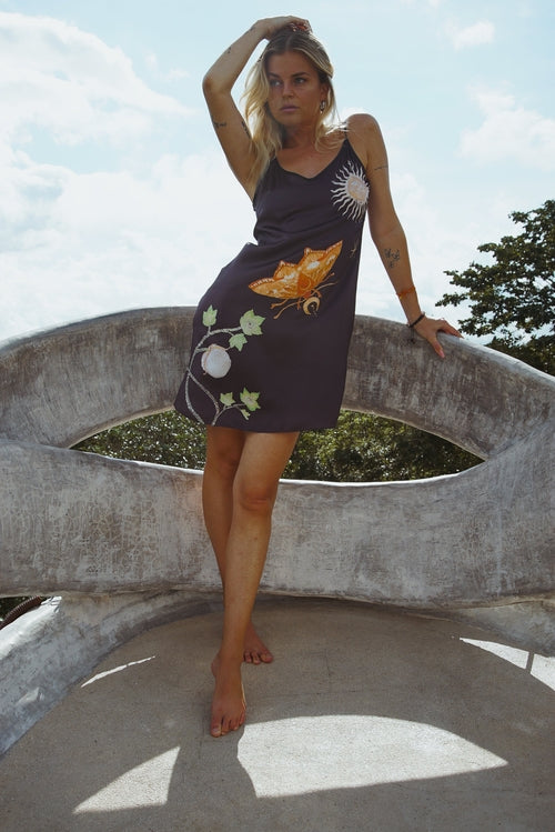 Vela Silk Slip Dress in Black Jungle Butterfly Violet Apollo