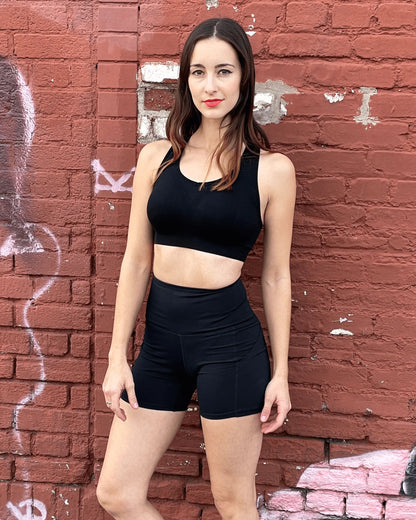 Jolie High-Waisted Athletic Shorts with Hip Pockets Black Lavender