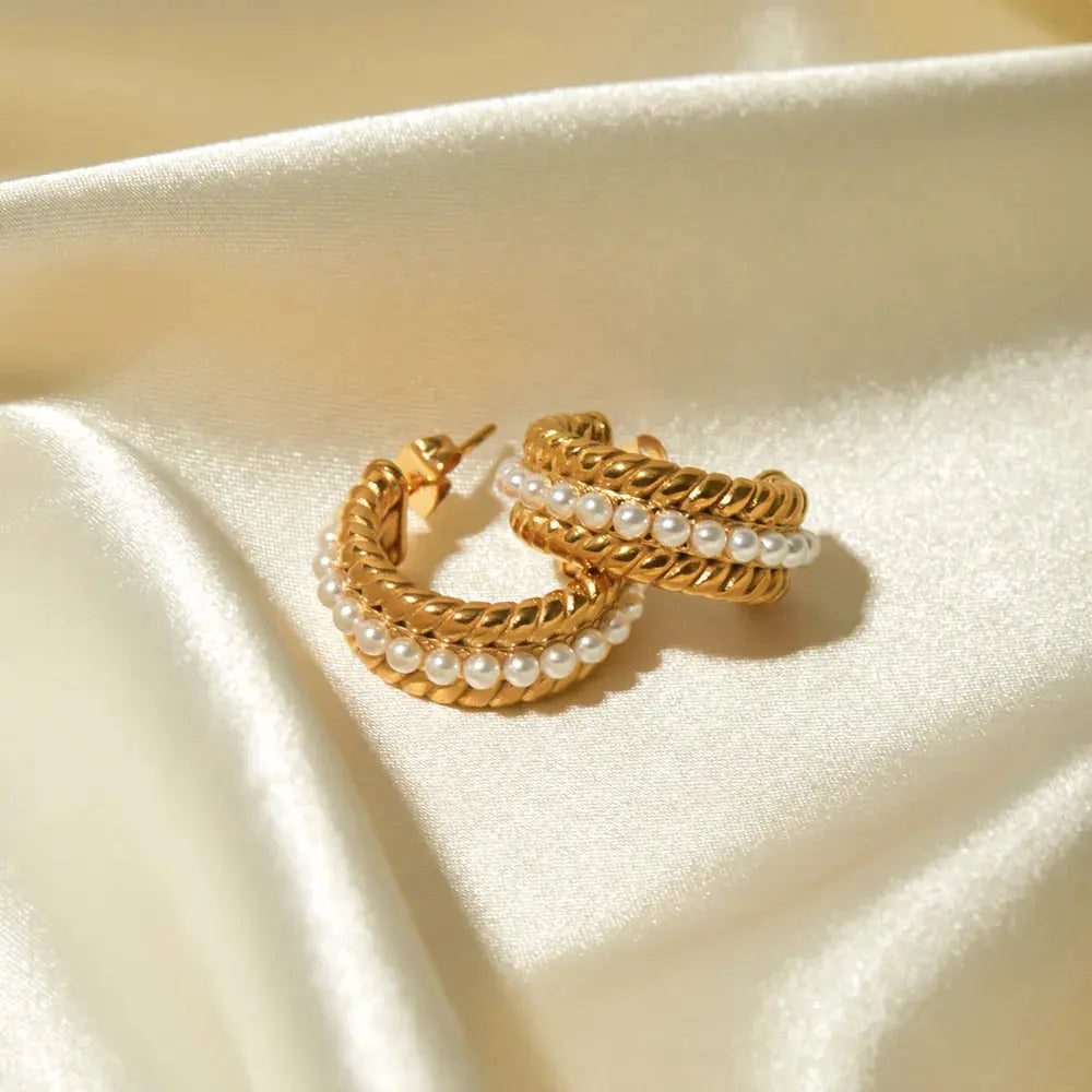 Stainless Steel Pearl C-Hoop Earrings Crimson Medea