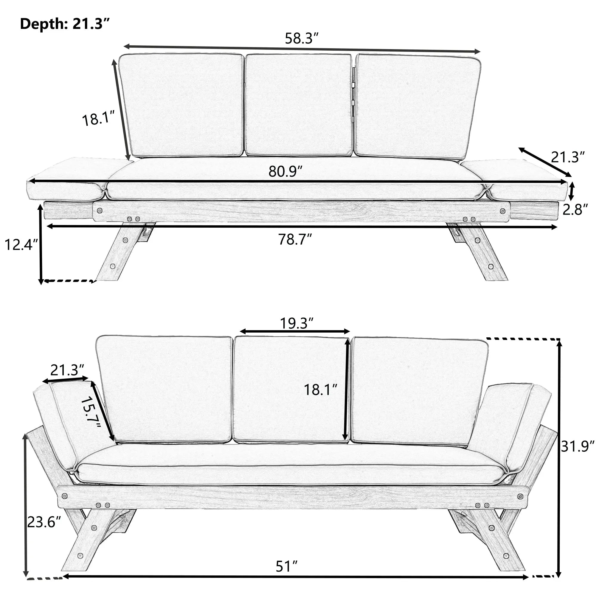 Outdoor Adjustable Patio Wooden Daybed Sofa Chaise Lounge with Sangria Beech