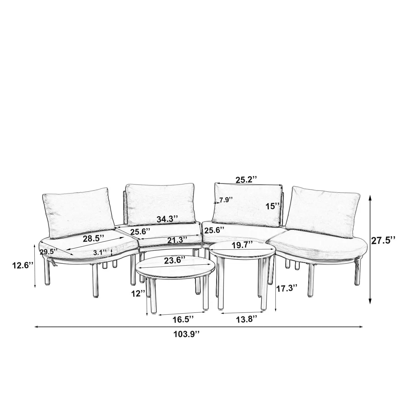 6-Piece Patio Sofa Furniture Set, Half Moon Outdoor Sectional Sofa Sangria Beech