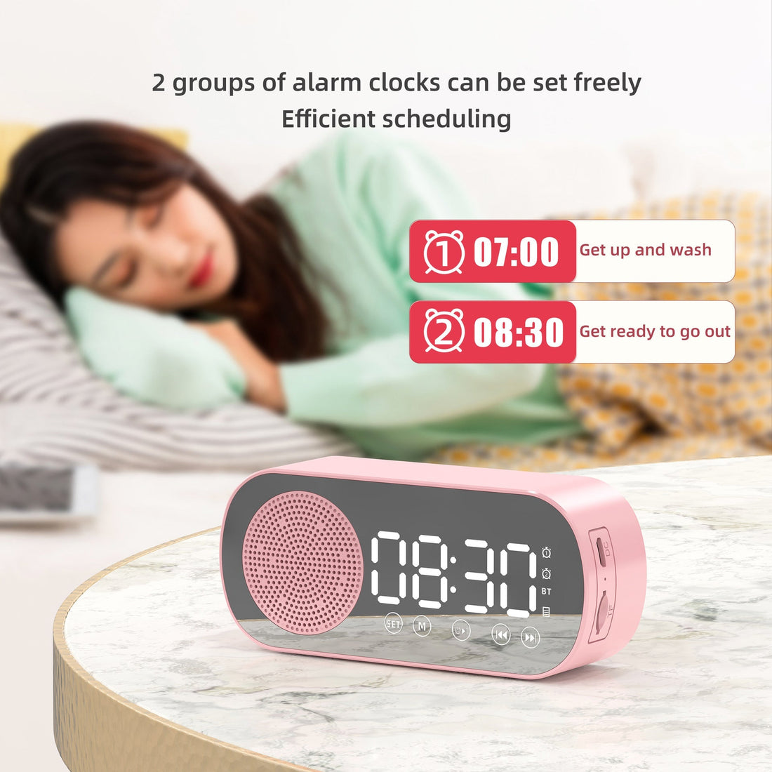 Music Alarm Clocks Mirror FM Radio LED Bluetooth Speaker Maroon Asteria