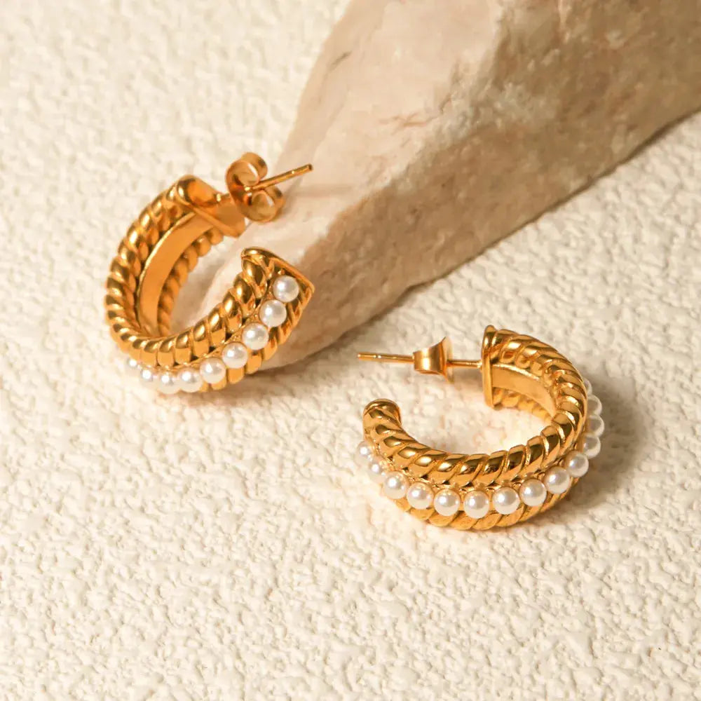 Stainless Steel Pearl C-Hoop Earrings Crimson Medea