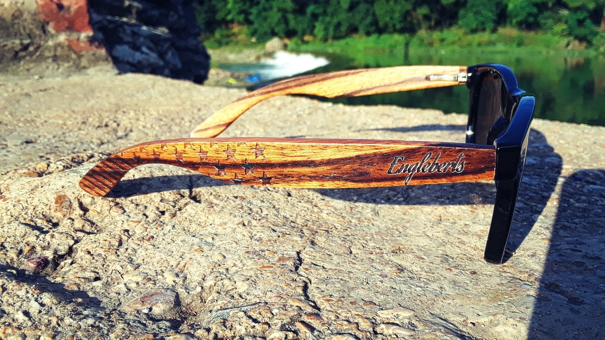 Zebrawood Sunglasses, Stars and Bars With Wooden Case, Polarized, Purple Ariadne