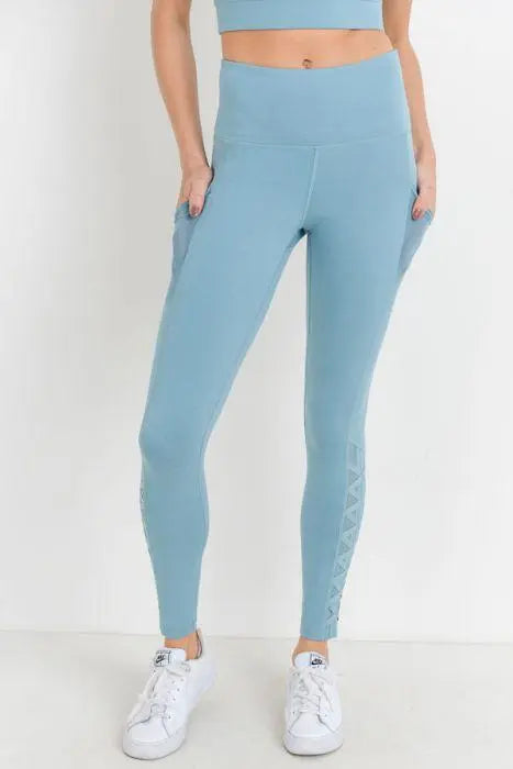 Highwaist Hybrid Mesh &amp; Lattice Straps Full Pocket Leggings Blue Lelantos