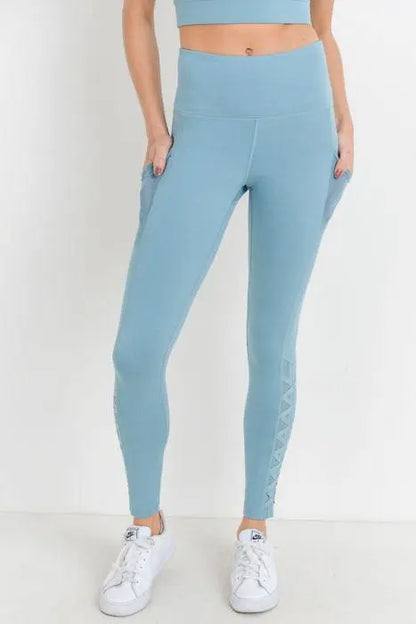Highwaist Hybrid Mesh &amp; Lattice Straps Full Pocket Leggings Blue Lelantos