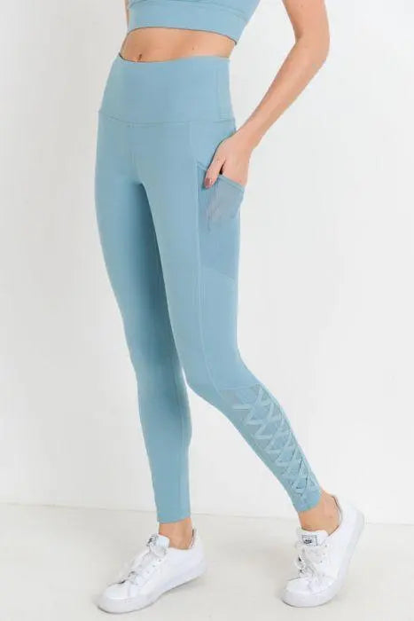 Highwaist Hybrid Mesh &amp; Lattice Straps Full Pocket Leggings Blue Lelantos