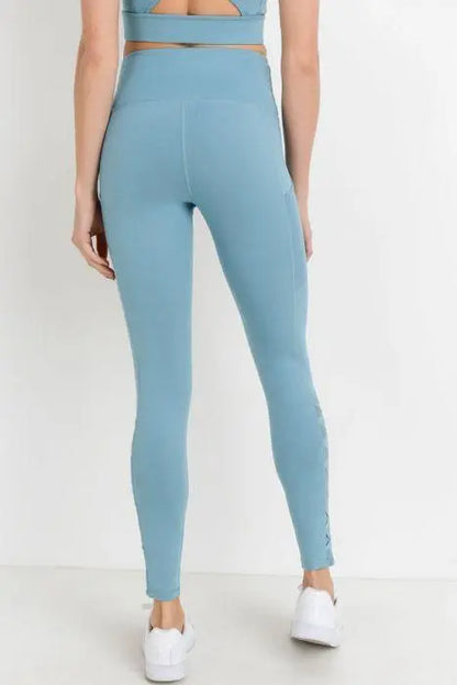 Highwaist Hybrid Mesh &amp; Lattice Straps Full Pocket Leggings Blue Lelantos