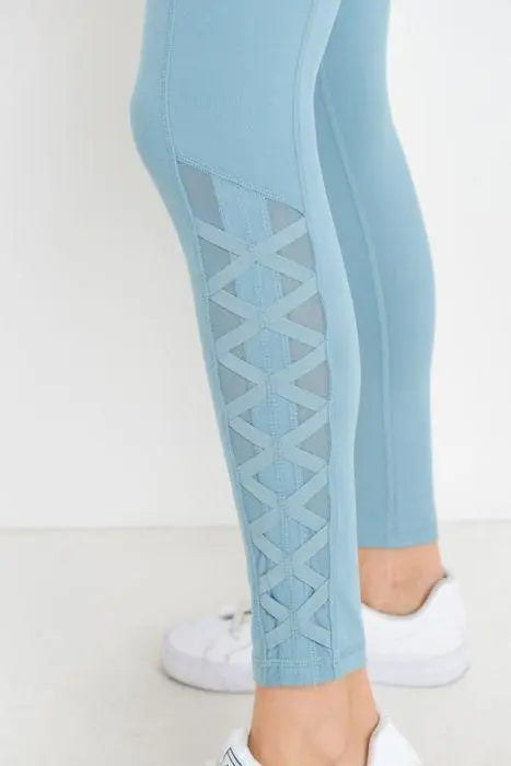 Highwaist Hybrid Mesh &amp; Lattice Straps Full Pocket Leggings Blue Lelantos