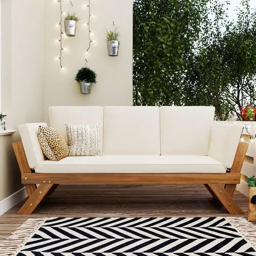 Outdoor Adjustable Patio Wooden Daybed Sofa Chaise Lounge with Sangria Beech