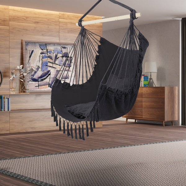 LuneluX – Boho Hanging Chair with Fringe &amp; Cushions (Gray) Carmine Juneberry