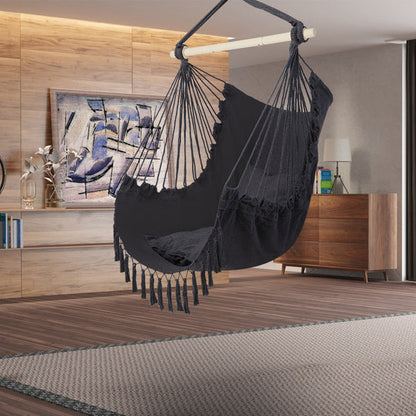 LuneluX – Boho Hanging Chair with Fringe &amp; Cushions (Gray) Carmine Juneberry