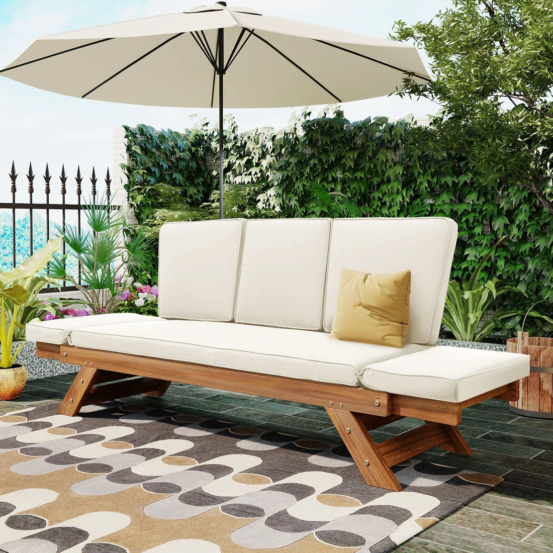 Outdoor Adjustable Patio Wooden Daybed Sofa Chaise Lounge with Sangria Beech