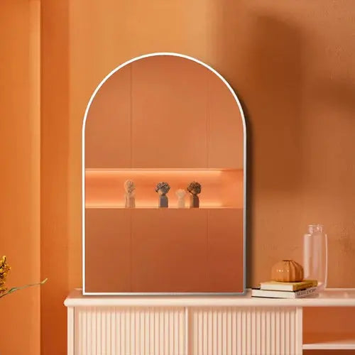 20x30 Inch Silver Metal Framed Arched Bathrrom Mirror for Wall. Sangria Beech