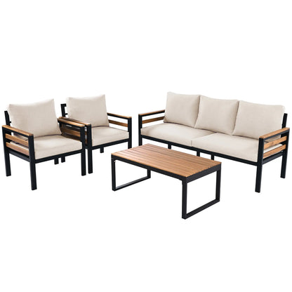 4-Piece Outdoor Furniture Sofa Set for 5 People with Acacia Wood Sangria Beech