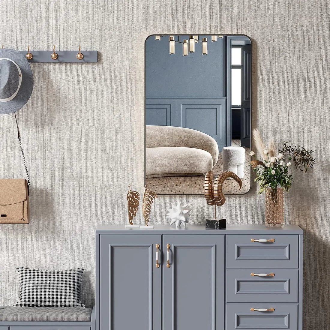 24x36 Inch Black Metal Framed Rectangular Bathrrom Mirror for Wall. Sangria Beech