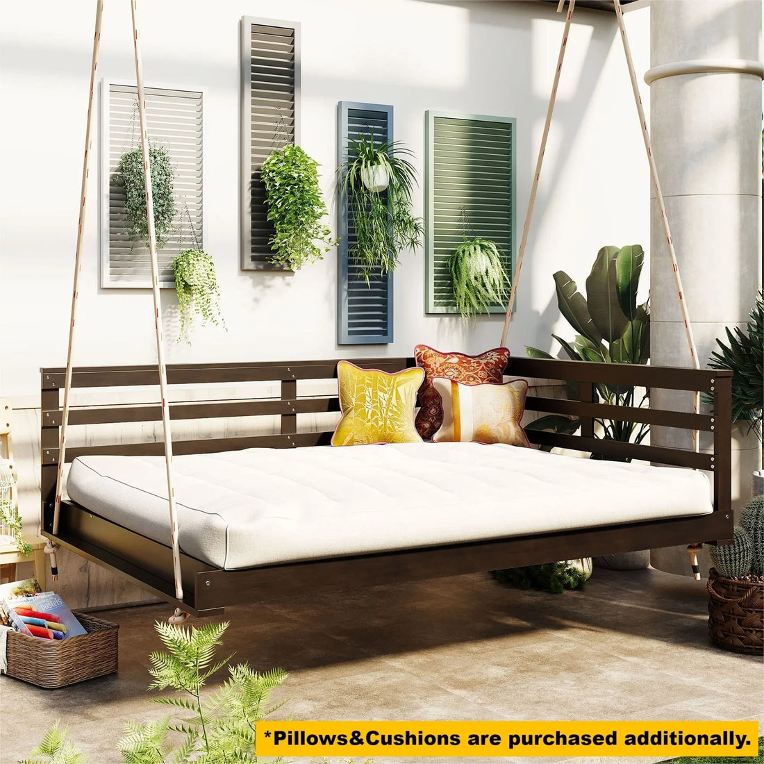 Acacia Wood Porch Swing Bed for Outdoor with Hemp Ropes - Full Size Sangria Beech
