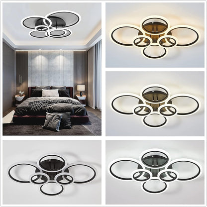Modern LED Ceiling Light Fixture, 6 Rings Modern Ceiling Lamp, Remote Control Stepless Dimmable Black Modern Led Chandelier, Lamparas De Techo Modernas, for Livingroom, Bedroom, Diningroom