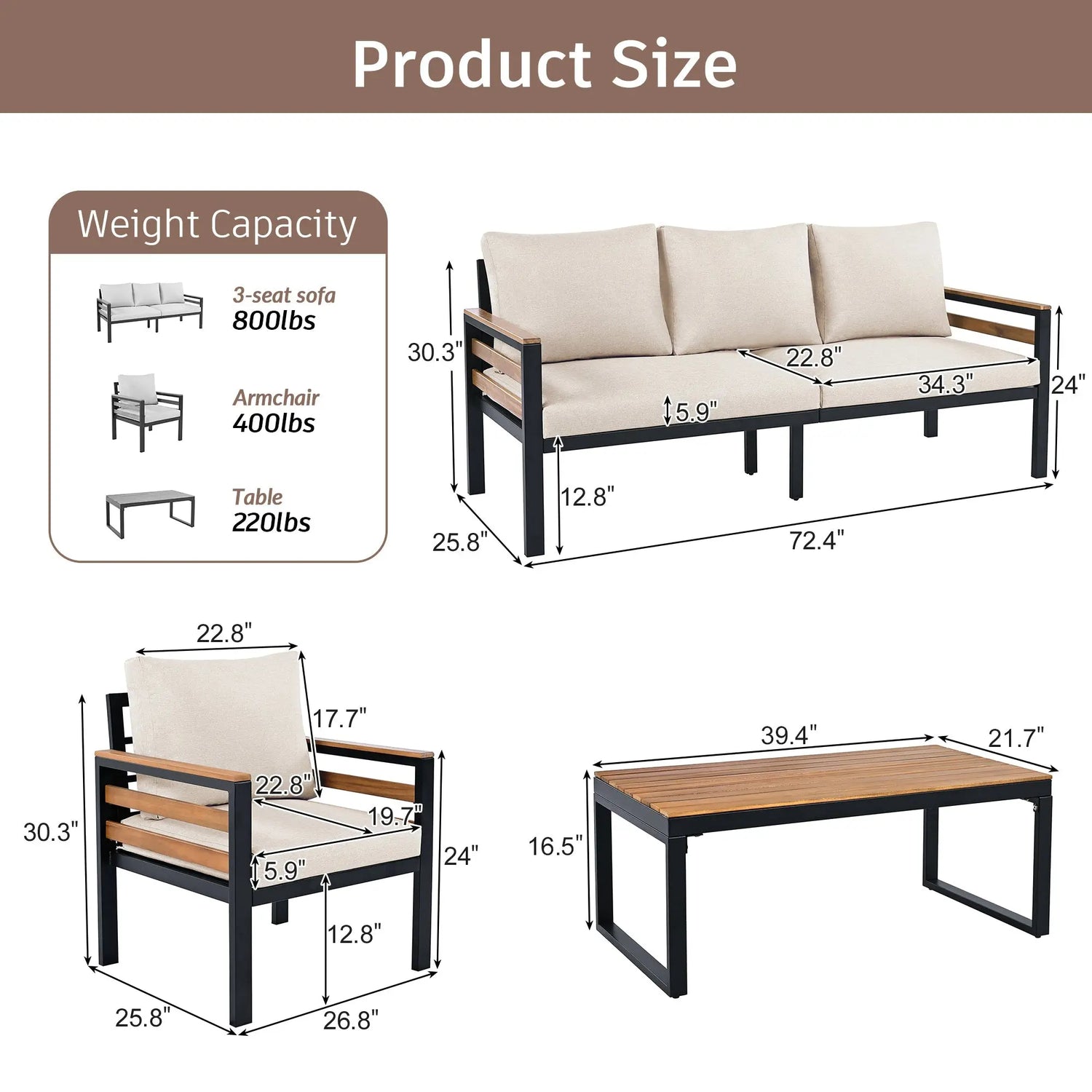 4-Piece Outdoor Furniture Sofa Set for 5 People with Acacia Wood Sangria Beech