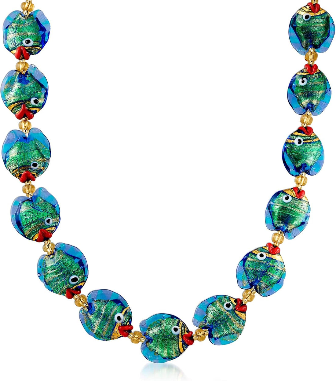 Italian Multicolored Murano Glass Fish Necklace with 18Kt Gold over Sterling. 18 Inches