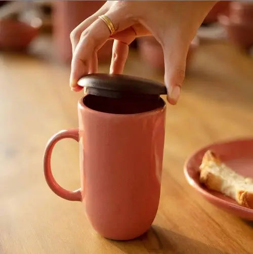 Ceramic Peach Coffee Mug With Wooden Lid Pink Lucy
