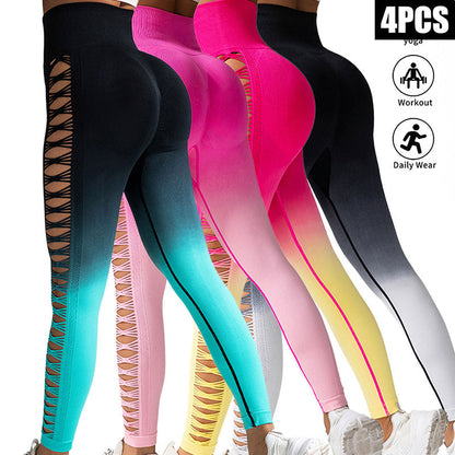4 Pack Cut Out Ombre Gradient Color Hollow High-waist Butt-lifting Fitness Women&