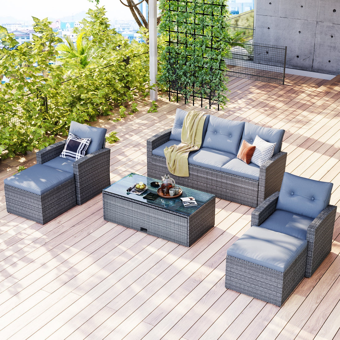 6-piece All-Weather PE rattan Patio Outdoor Dining Conversation Sangria Beech