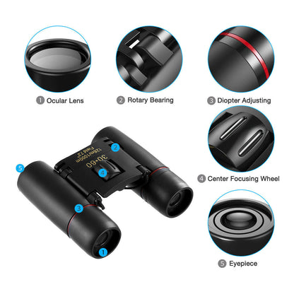 Binoculars 30x60 Zoom Travel Compact Folding Telescope Hunting Day Night Outdoor Small Pocket Binoculars Compact Adults, Mini Kids Binoculars Boys For Bird Watching, Concert Theater Opera Pink Lucy