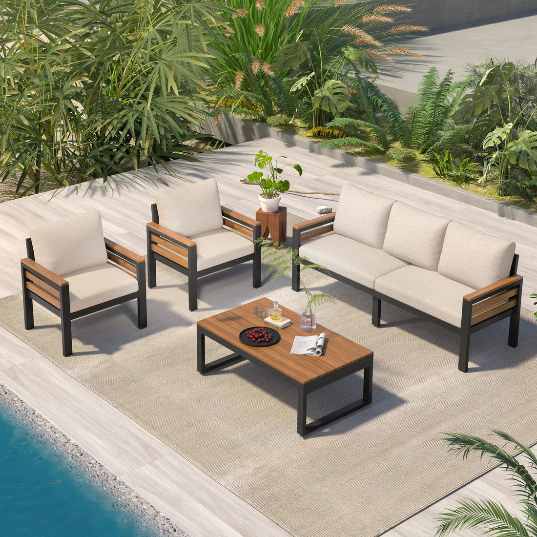 4-Piece Outdoor Furniture Sofa Set for 5 People with Acacia Wood Sangria Beech