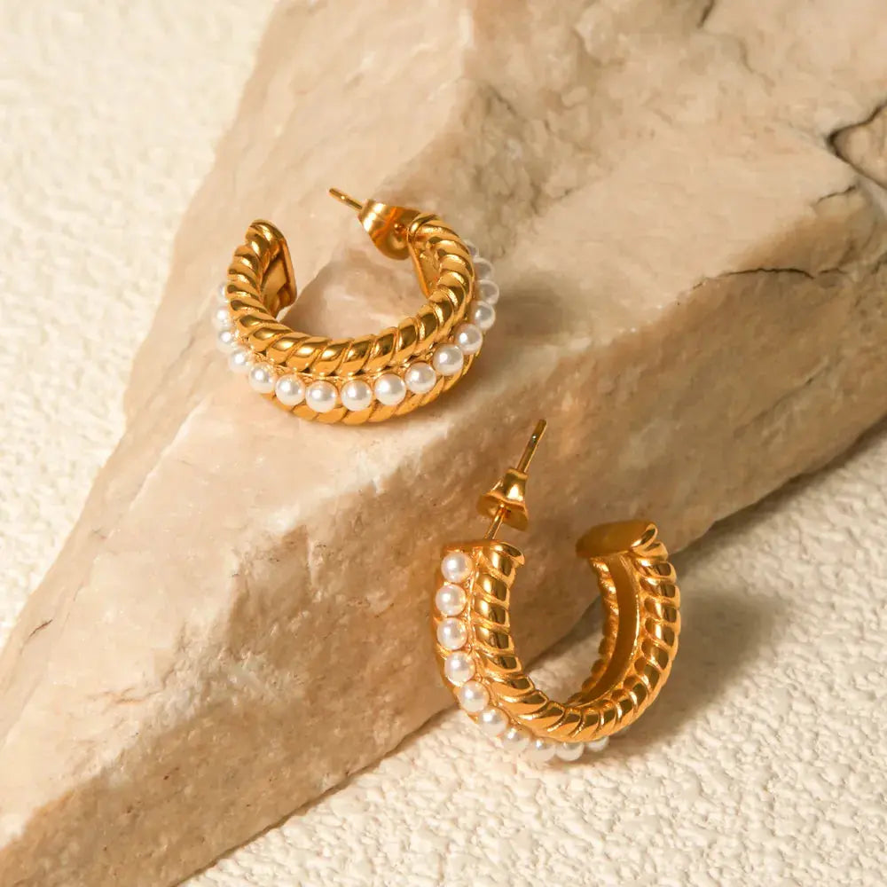 Stainless Steel Pearl C-Hoop Earrings Crimson Medea