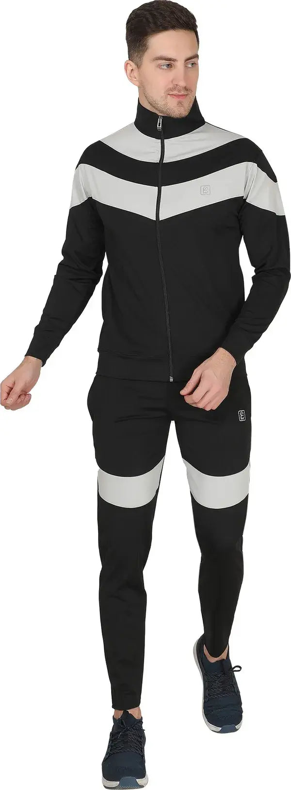 Black Polyester Blend Grey Stripe Track suit for Men (Size-L) Champagne Poppy