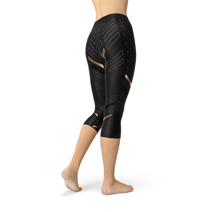 Womens Sports Stripes Black Capri Leggings Maroon Sooty