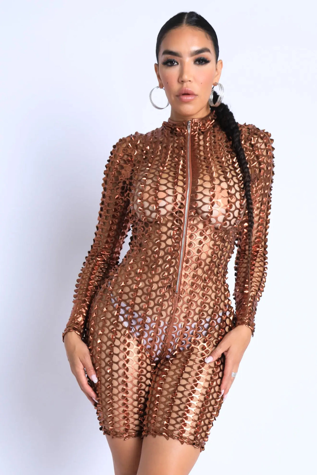 Sexy Club Outfit Romper Long Sleeve Cutting Mesh Bodysuit BRONZE Puce Juniper
