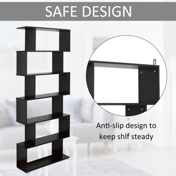 HOMCOM Wooden S Shape Bookcase 6 Shelves Storage Display Home Office Taupe Shadow